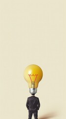 Businessman with a light bulb symbolizes ideas, cream background, space for innovation tips in business.