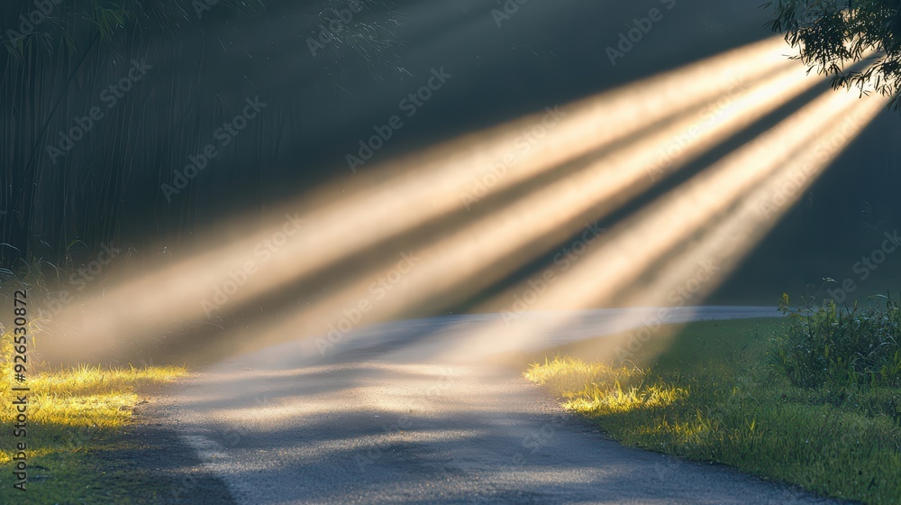 Poster a serene road veiled in morning mist, illuminated by soft rays of sunlight filtering through trees, 
