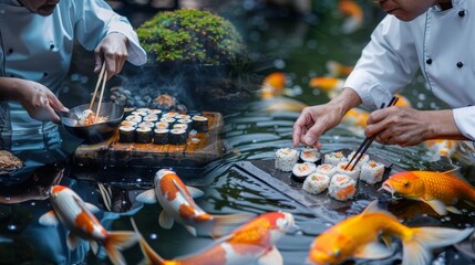 Fototapeta premium A chef expertly preparing sushi with vibrant koi fish swimming in a serene pond, showcasing culinary artistry and nature's beauty.