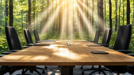 A serene meeting room located in a forest with sunlight streaming through trees, perfect for a unique corporate retreat.