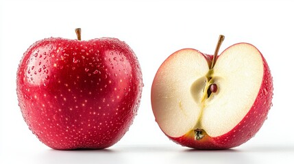 Fresh Red Apple and Its Halved Section on White Background