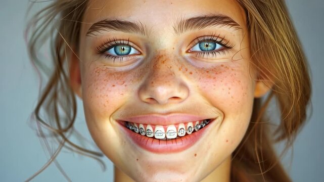 The youthful lovely brunette woman's braces are clearly visible on her face.