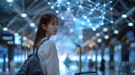 Young woman with a suitcase in a futuristic airport, featuring digital network overlay. Concepts of travel, technology, and futuristic innovation.