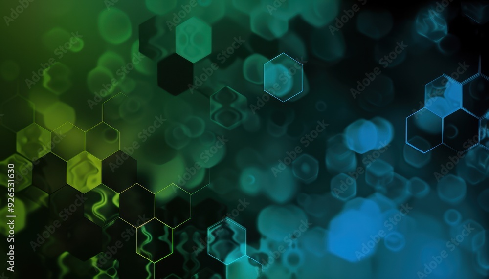 Poster abstract background with vibrant green and blue hexagon shapes and bokeh effects.