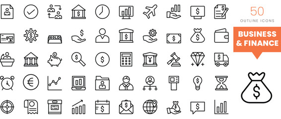 Set of minimalist linear business and finance icons. Vector illustration