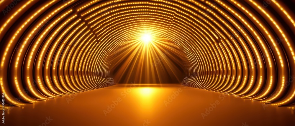 Poster a stunning illuminated tunnel with vibrant golden light and concentric patterns, creating a captivat