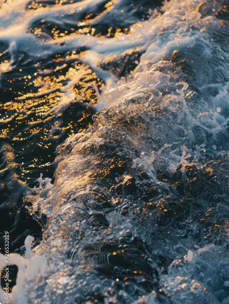 Poster close-up of ocean waves capturing sunlight during sunset creating a mixture of colors and textures.