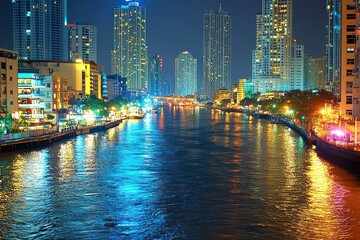 Obraz premium A vibrant city skyline at night, with skyscrapers illuminated by countless lights, reflecting on a nearby river or body of water. 