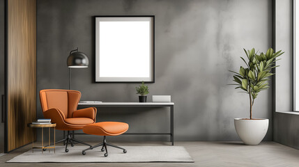 Modern workspace with a bright orange chair and ottoman, a minimalist desk, and greenery accents, set against a gray wall with a blank frame for artwork