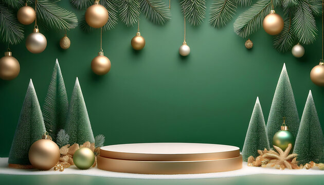  Podium with Christmas Ornaments, Hanging Garland and Pine Trees _1(119)