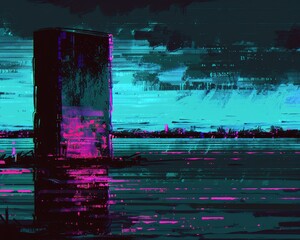 Digital Glitch Horizon A Surreal Digital Painting of a Tall Silhouette Against a Glitched Cyan and Pink Landscape