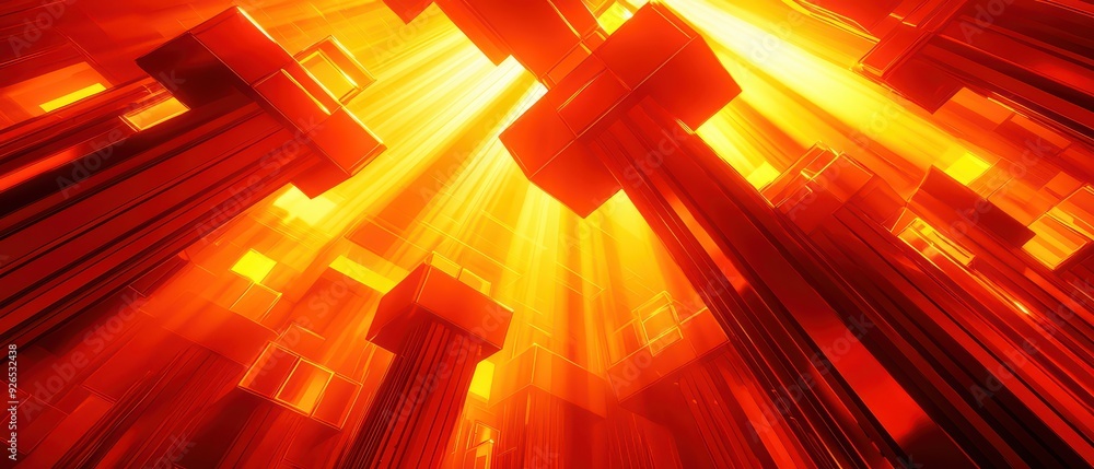 Poster a vibrant abstract composition with radiant red beams and dynamic structures, evoking energy and war