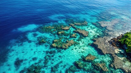 Aerial view of a crystal-clear ocean in Eastern Fiji, revealing the colorful reef below.