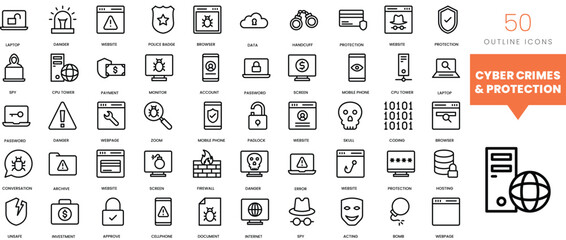 Set of minimalist linear cyber crimes and protection icons. Vector illustration