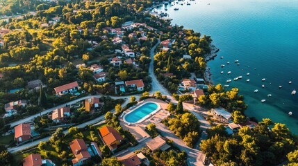 Aerial view of a luxury mobile home community in Rovinj, Croatia, with a central pool and landscaped surroundings.