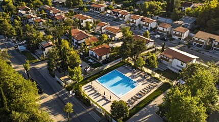 Obraz premium Aerial view of a luxury mobile home community in Rovinj, Croatia, with a central pool and landscaped surroundings.