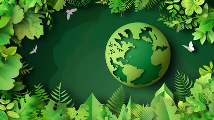 Paper art of green nature and earth day concept