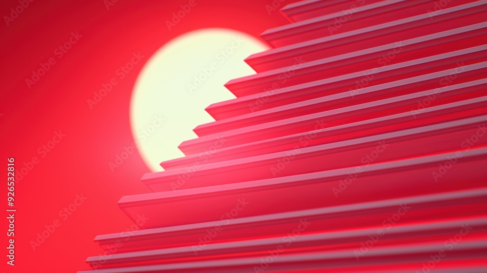 Poster a vibrant geometric structure illuminated by a glowing sun, creating a striking contrast of red and 