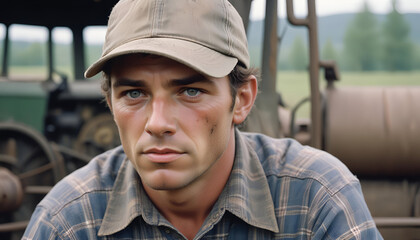Focused Agricultural Equipment Operator Close-Up Portrait of Hardworking Man in Field for Themes of Farming, Rural Labor, and Agricultural Machinery Operation