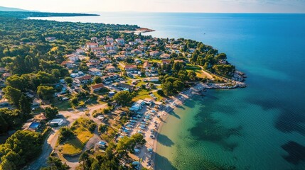 Fototapeta premium Aerial view of Camping Park Umag in Istria, featuring various camping facilities and natural surroundings.