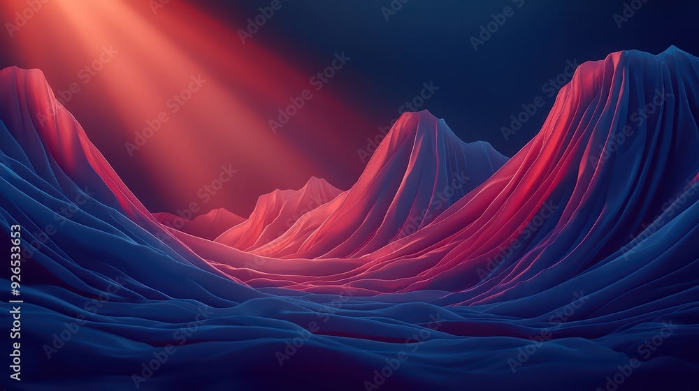 Poster abstract landscape featuring flowing waves and illuminated peaks, creating a serene atmosphere with 