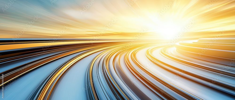 Poster abstract sunset image capturing dynamic light and movement over curved lines, evoking a sense of spe