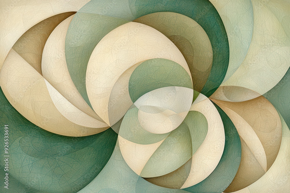 Poster abstract swirling patterns in soft green and beige tones, creating a soothing and modern aesthetic f