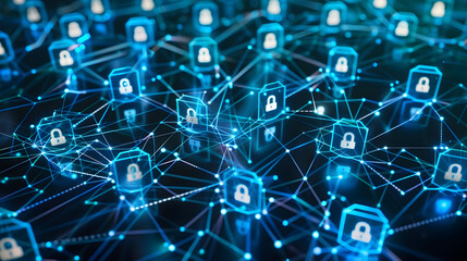 Abstract 3D Background of Blue Network with Padlocks