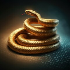 Obraz premium A golden snake intertwined with binary code, symbolizing Python programming and coding.