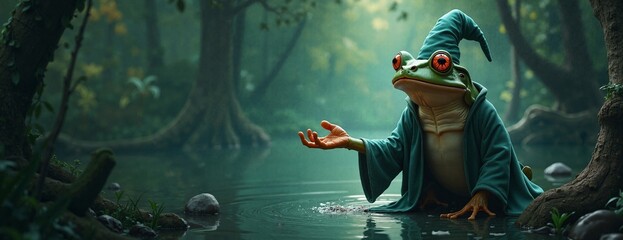 Obraz premium Magical frog wizard contemplatively gesturing against misty forest backdrop