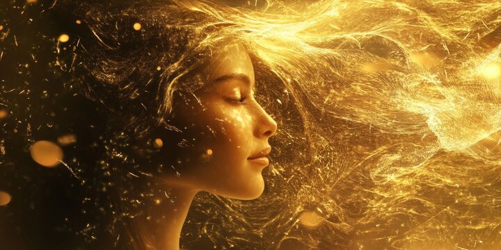 Ethereal Virgo Goddess: AI-Generated Golden Female Silhouette Embodying Celestial Wisdom. Abstract Zodiac Art for Captivating Astrological Marketing and Dreamy Web Designs. Enchanting 4K Wallpaper Ble