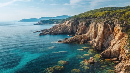 Aerial view of the rugged cliffs along the Costa Brava coastline in Girona, Spain, with dramatic landscapes and clear waters.