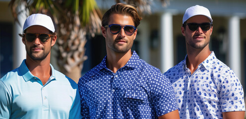 Three men wearing fashionable golf attire and sunglasses standing outside under a sunny sky. Representation of leisure activities, outdoor sports fashion, and style.