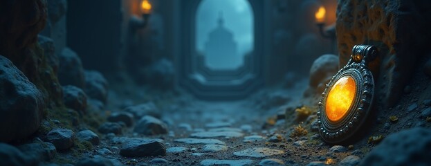 Mystical amulet glowing mysteriously in ancient ruins against foggy archway