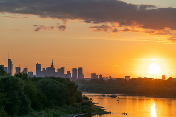 View of Warsaw and the Vistula at sunset. August 3, 2024. Warsaw, Poland.