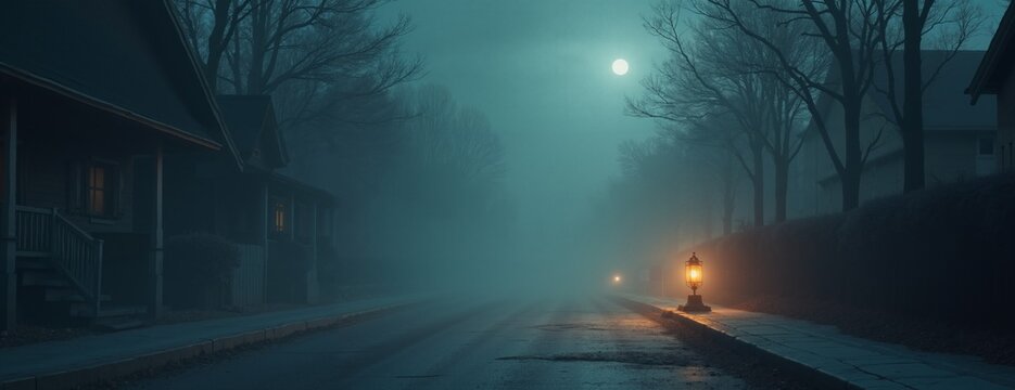 Misty moonlit street with eerie glow against foggy neighborhood backdrop