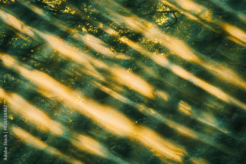 Poster captivating abstract forest pattern with golden light and green hues, creating a serene and enchanti