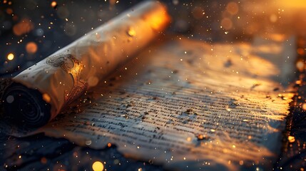 Ancient prophecy on an old scroll surrounded by magical