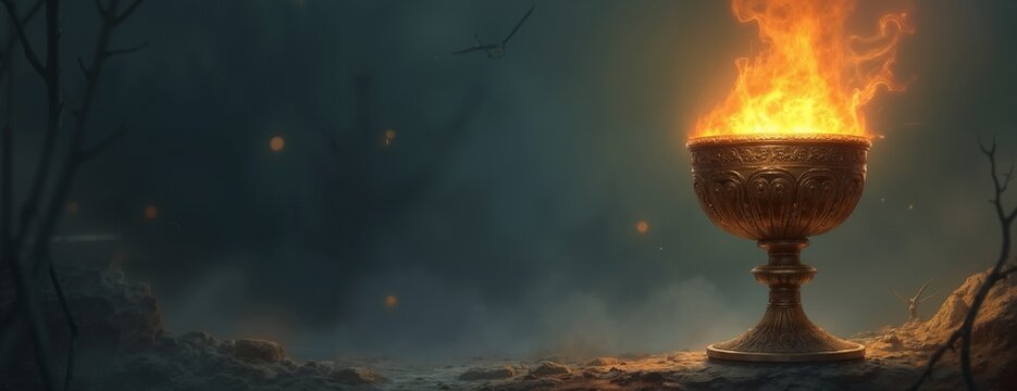 Mystical Flaming Chalice Glowing Ominously Against Dark Misty Landscape