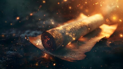 Ancient prophecy on an old scroll surrounded by magical