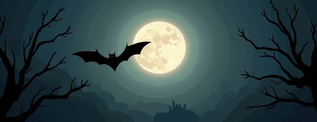 Fototapeta premium Spooky Bat Silhouette Flying Against Full Moon in Eerie Night Sky