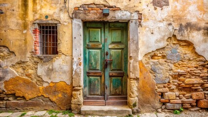Peeling wall paint uncovering ancient civilization, old door in Italian village , ancient, texture, wall