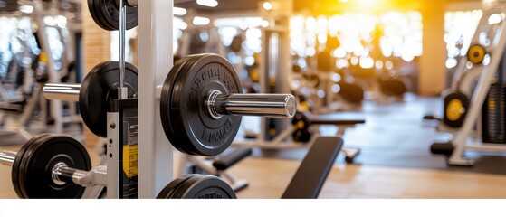 Fototapeta premium Close-up of a weight rack in a modern gym, showcasing dumbbells and equipment under natural sunlight, encouraging fitness and strength.