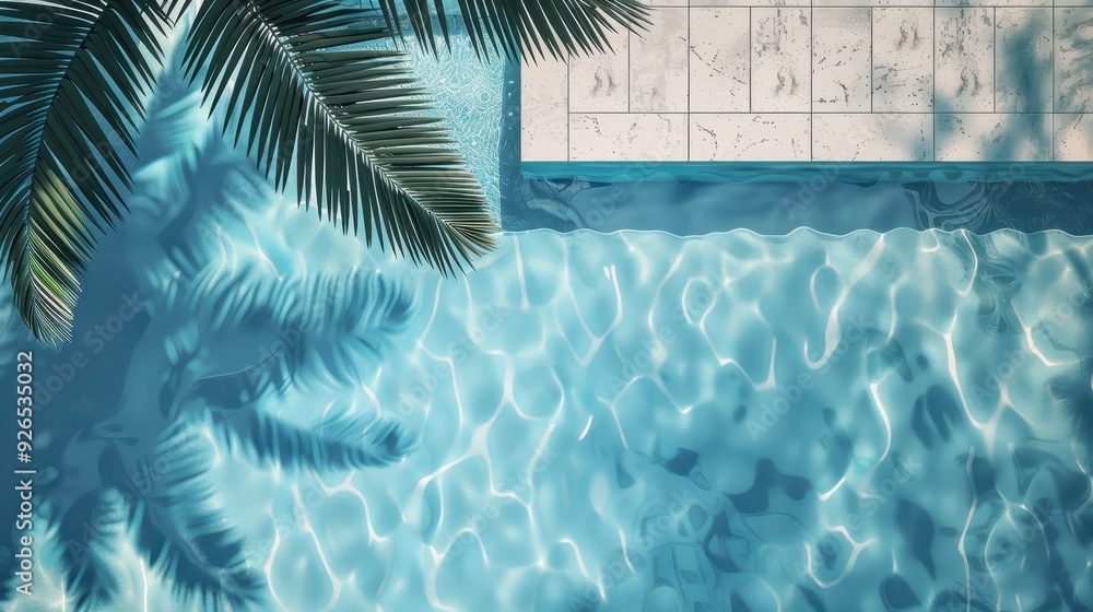 Poster a tranquil swimming pool with shimmering water and palm tree shadows reflecting on the surface.