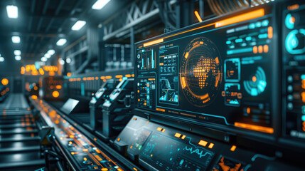 Obraz premium Futuristic control room with glowing neon screens and advanced technology interfaces. Concepts of innovation, technological advancements, and cyber security.