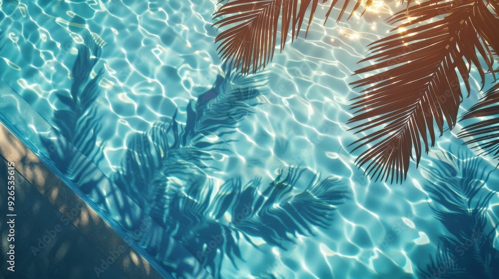 Poster sunlit swimming pool with palm leaf reflections creating a tropical and serene atmosphere.