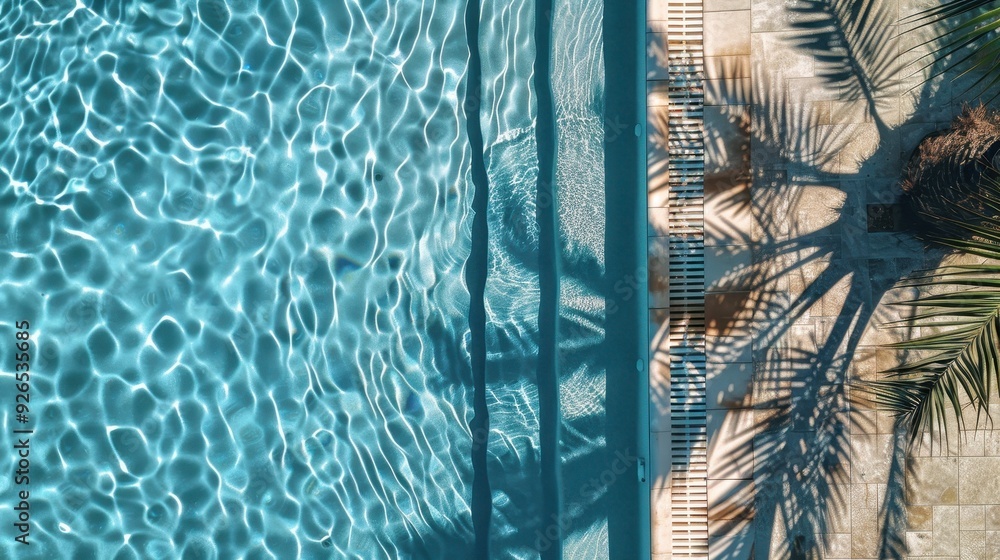 Poster aerial view of a serene pool with shadows of palm trees cast on the water and tiled poolside.