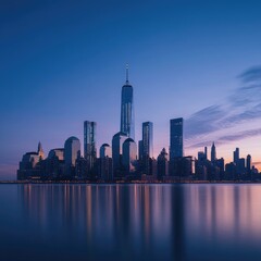 An iconic city skyline at twilight, with buildings reflecting the last rays of the sun and the first lights of the evening