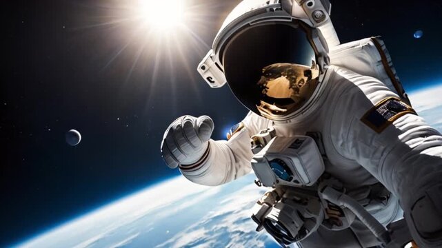 無重力の宇宙空間で衛星に掴まりながらビデオ通話をする未来的なシーン