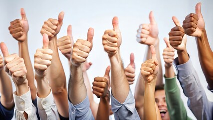 Fototapeta premium Many hands showing thumbs up in approval, teamwork, support, agreement, positive, success, encouragement